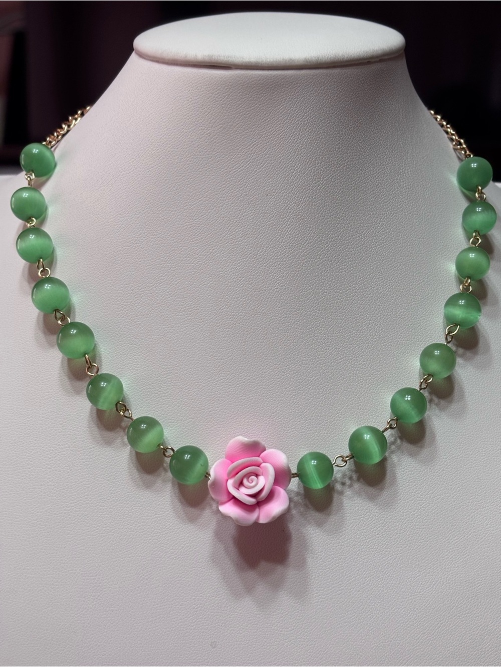 Green Cats Eye Necklace with Pink Rose Pendant 16 inches